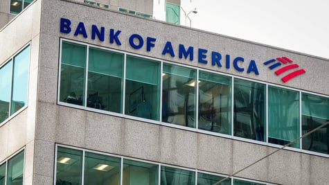 Bank of America's logo adorns the facade of its office in downtown Toronto, Ontario, Canada