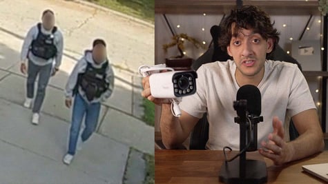 Youtuber holding Flock camera and image of police men approaching
