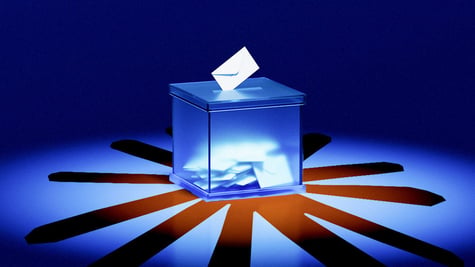 A ballot being dropped into a ballot box, Claude logo.