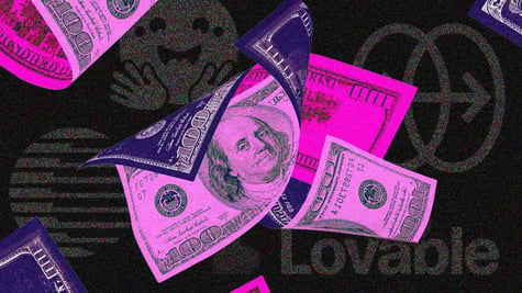 American dollars, the logos of European AI apps Hugging Face, Lovable, Reface, and Zeely