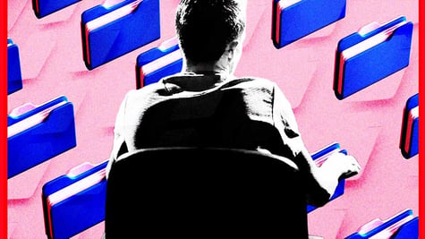Hacker sitting with file pictograms and pink background
