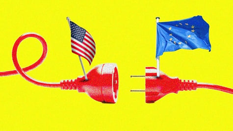A red plug with the EU flag separated from the socket with the US flag
