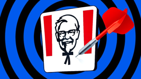 kfc logo with an arrow in the blue and black background.