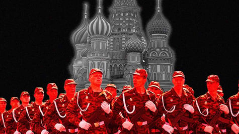troops marching in front of the Kremlin in Moscow, Russia