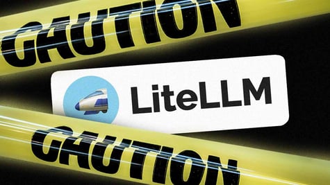 A warning tape with the word "Caution" on it, LiteLLM logo.