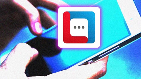 The logo of Luxchat, hands holding a smartphone