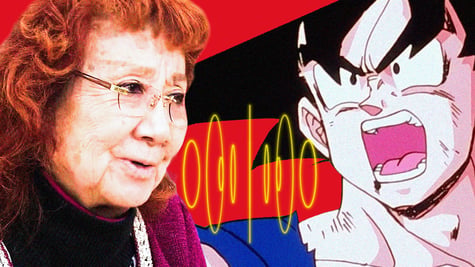 Voice actor Masako Nozawa alongside Dragon Ball character Goku.