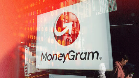 MoneyGram logo in the red background with binary code snippets.