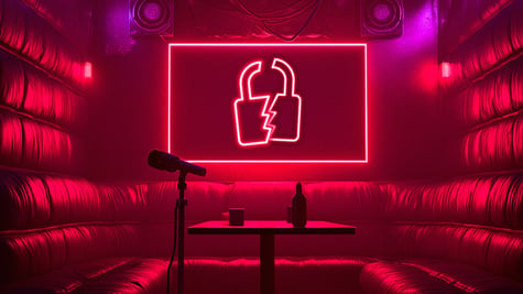 A neon Karaoke room, with a broken padlock on the TV screen.
