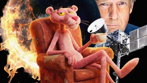 Pink Panther smirks in armchair as world burns, Starlink hovers, and Trump stares ahead