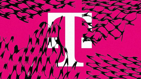 T-systems logo in the pink background with wired fence patterns