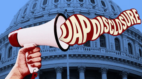 A megaphone sounding off "UAP disclosure" in Washington DC.