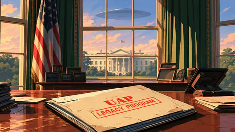 A UAP Legacy Program folder on the White House Desk, while a UFO emerges outside.