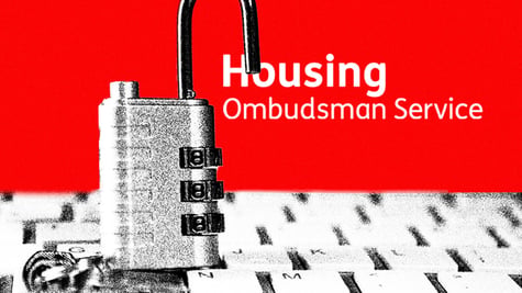 UK Housing Ombudsman logo with a lock and a keyboard in the background