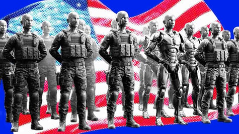 Two rows of digital soldiers lined up in front of a USA flag. 
