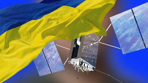 Ukraine flag next to internet satellites.