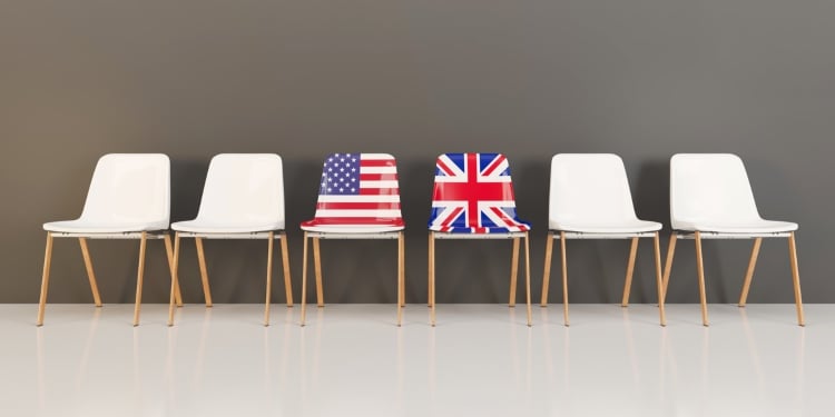 Chairs with flag of usa and uk in a row. 3D illustration