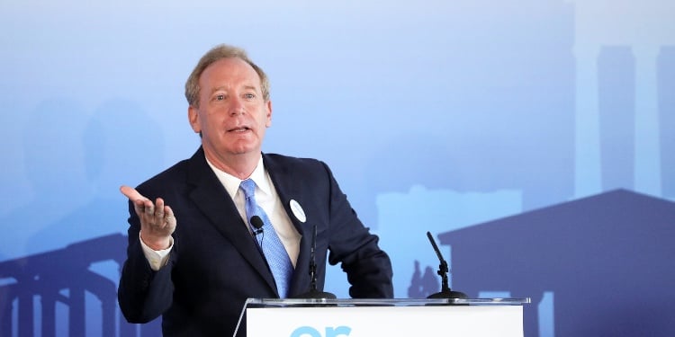 Microsoft President Brad Smith speaks during a company event in Athens, Greece, October 5, 2020.