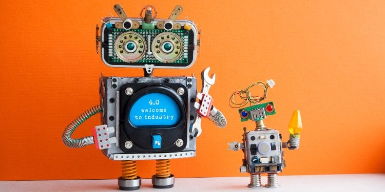 One bigger and one smaller robot in an orange background