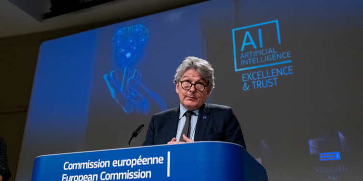 Thierry Breton european commissioner during a press conference following the meeting about the promo