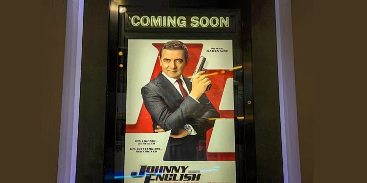 Beautiful standee of a movie Johnny English Strikes Again display showing at the cinema