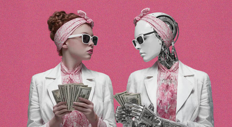 pink background, woman in white jacket, ginger hair, a bot with the same outfit