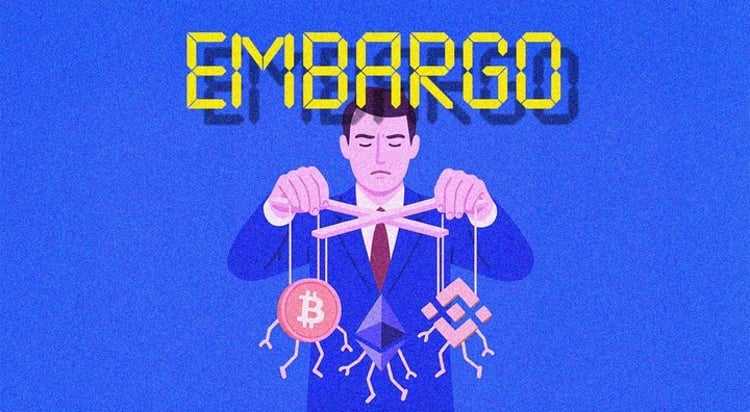 yellow embargo sig, man in blue suit, holding bitcoin on string, red tie