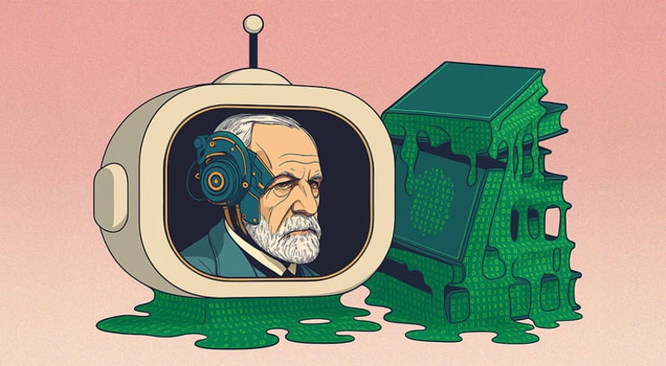 freud in round sand color tv with antena, green leaking books with numbers, pink background