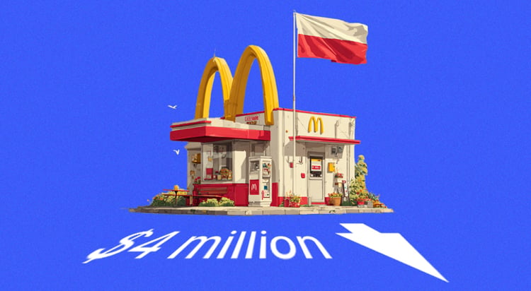 mcdonalds restaurant building, polish flag, blue background, 4 million white sign