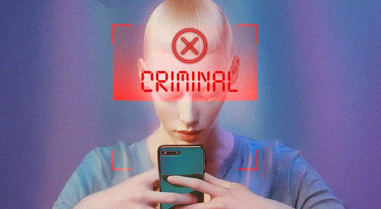 blonde person looking at a phone, red laser square on forehead, criminal and red X