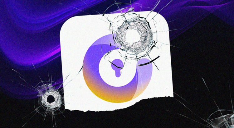 proton logo with broken transparent glass, dark purple and black