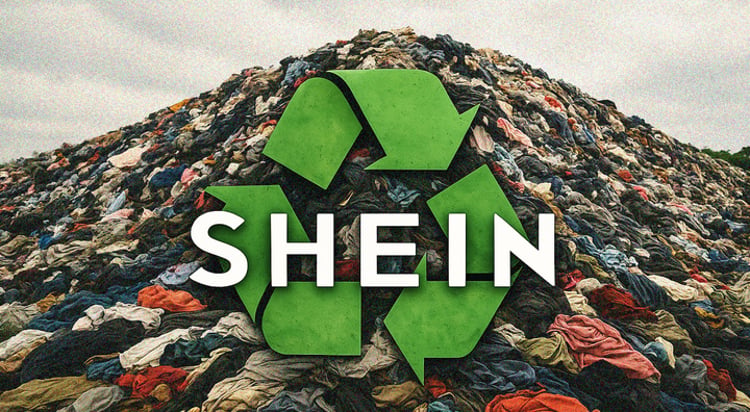shein logo, three green arrows going around, a big pile of clothes, grey sky