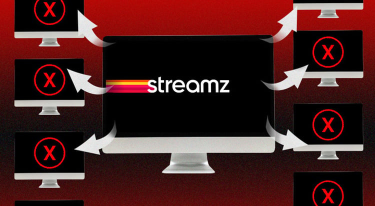 Streams logo on black computer screen, white arrows to six other monitors