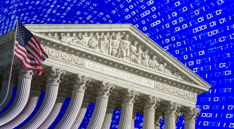 white us federal judiciary building, blue sky with white numbers, white sculptures