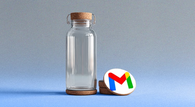 transparent glass bottle, Gmail logo coaster