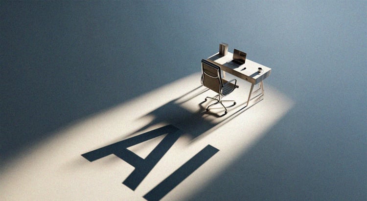 grey desk in the light, shadowy AI sign in the light