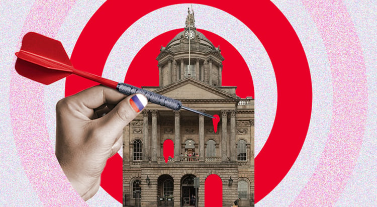 liverpool council building, red dart, nail in the color fo russian flag, red, pink target