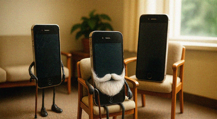 three black iphones, white beard, wooden cane, white arm chair, green plant