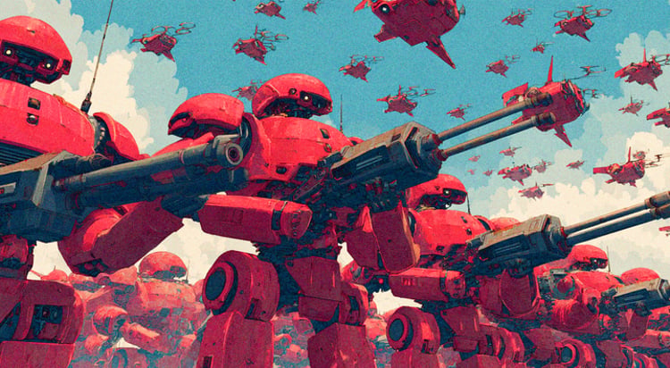 red robot army pointing black shot guns, red helmets, blue sky, red drones