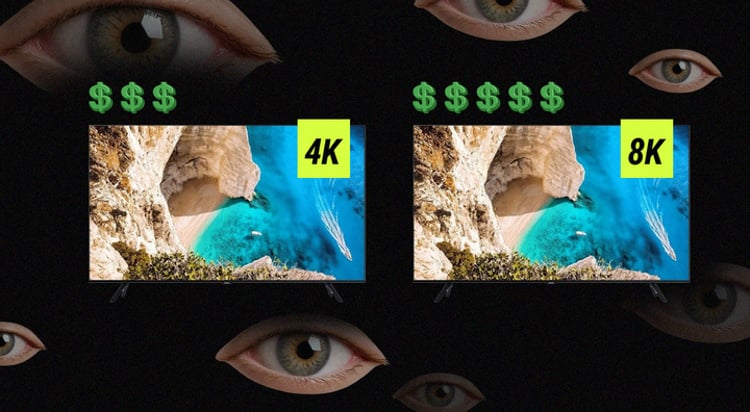two monitors, cliffs, blue ocean.. human eyes, green dollar signs