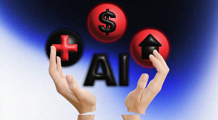 two slit white hands, two red bubbles with black home and dollar sign, black bubble with red cross