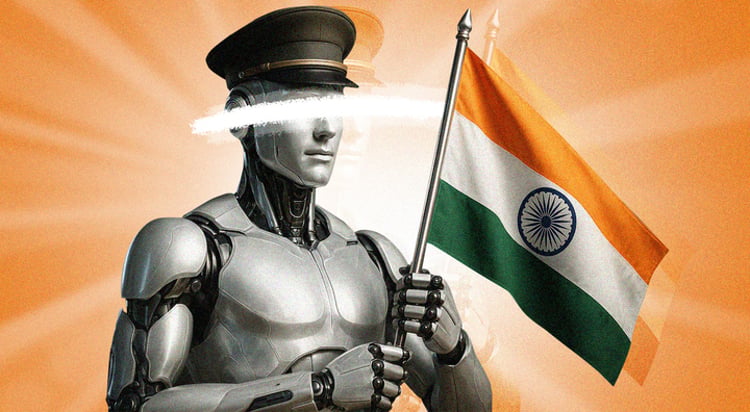 grey silver bot wearing military hat, india flag, orange 