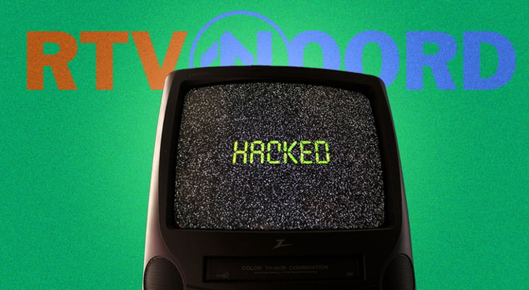 green bacgrnd, old black tv, green hacked sign, red RTV sign, NOORD blue sign