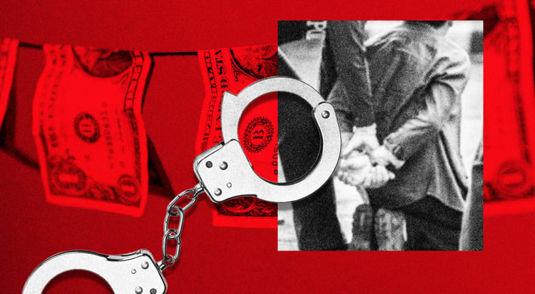 silver handcuffs, man arrested on his knees in black and white, dollars in red light