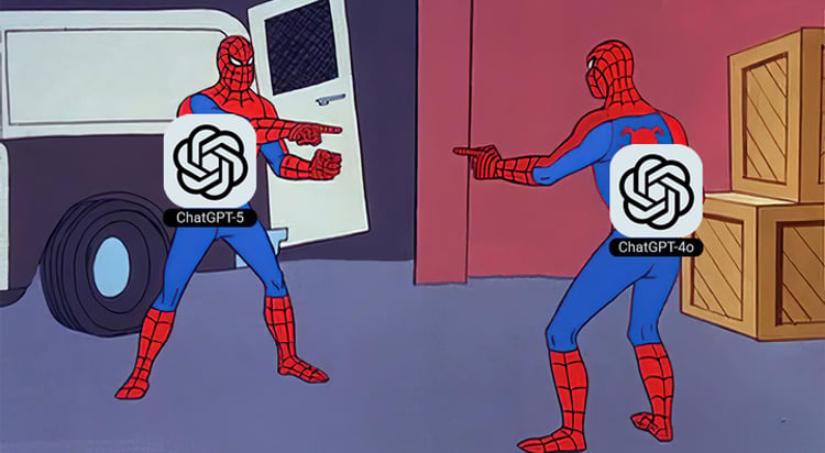 two spidermen, white trusch, gpt5, gpt 4, wooden boxes, white van