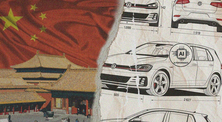volkswagen can drawn with pen on rigt, on left china flag