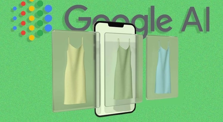 salad green background, gold and blue strap dress, phone, Google AI logo
