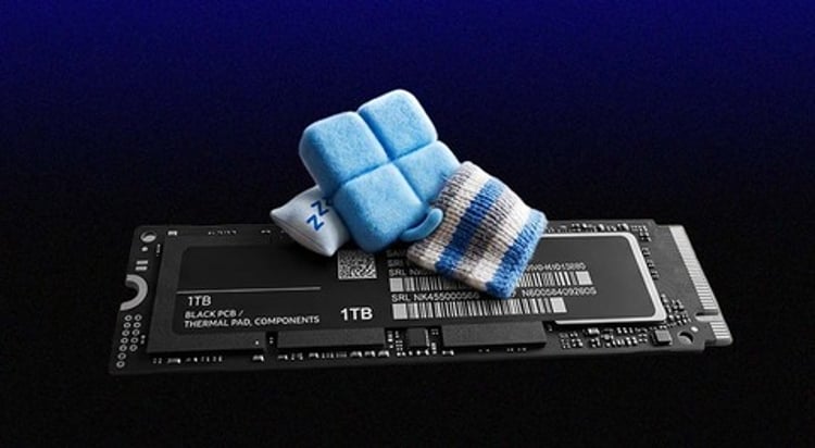 Black Samsung SSD card with baby blue mittens