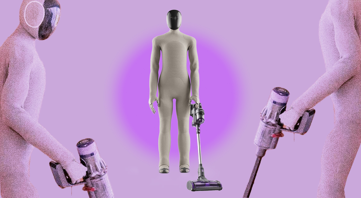 House robot Neo by 1X Technologies golding a Dyson vacuum cleaner