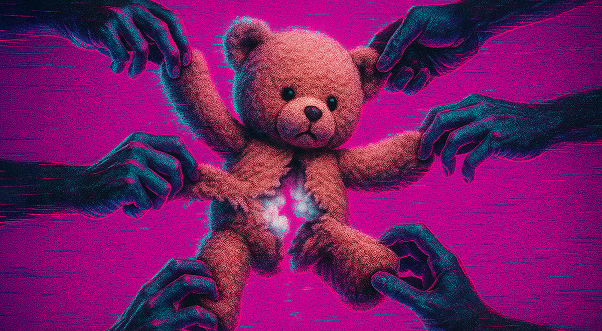 brown teddy bear being torn by six black hands, pink background